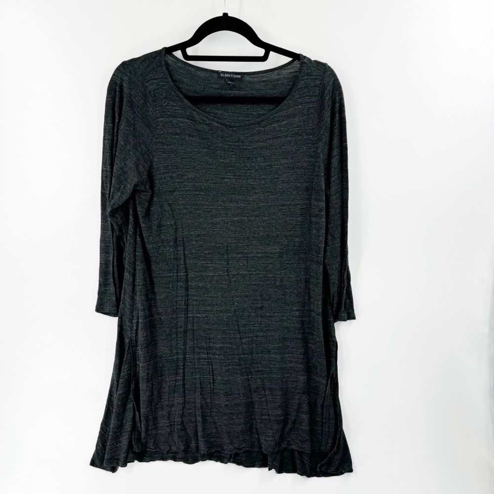 ✅ EILEEN FISHER Charcoal Ballet Neckline Long Sleeve Side Slits Tunic SIZE LARGE